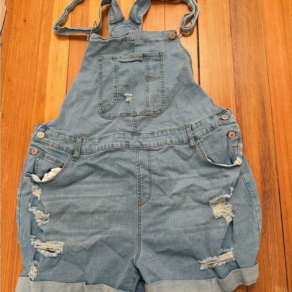 Denim Distressed Short Overalls